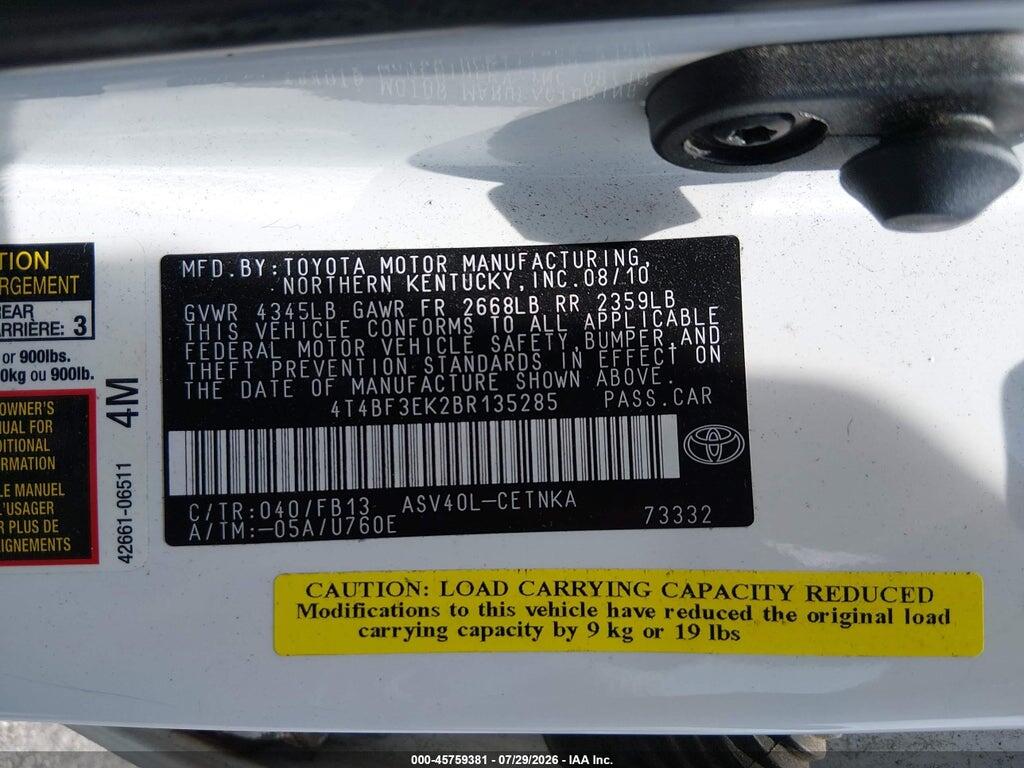 4T4BF3EK2BR135285 2011 TOYOTA CAMRY photo no. 9