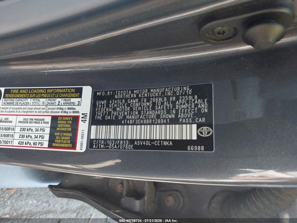 4T4BF3EK8BR128941 2011 TOYOTA CAMRY photo no. 9