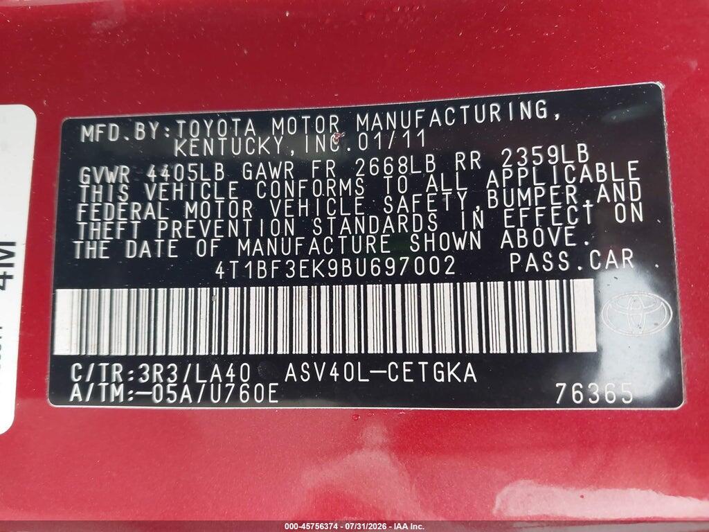 4T1BF3EK9BU697002 2011 TOYOTA CAMRY photo no. 9