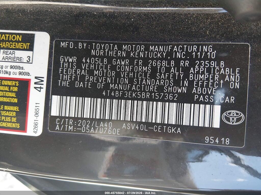 4T4BF3EK5BR157362 2011 TOYOTA CAMRY photo no. 9