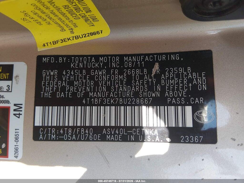 4T1BF3EK7BU228667 2011 TOYOTA CAMRY photo no. 9