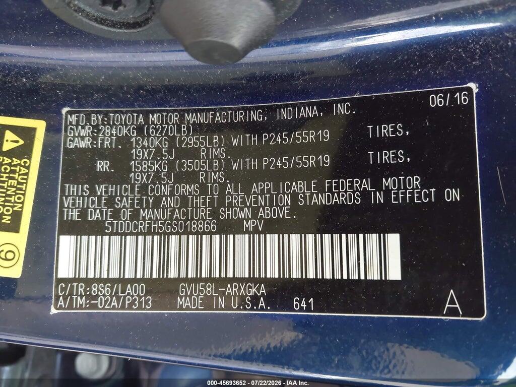 5TDDCRFH5GS018866 2016 TOYOTA HIGHLANDER HYBRID photo no. 9