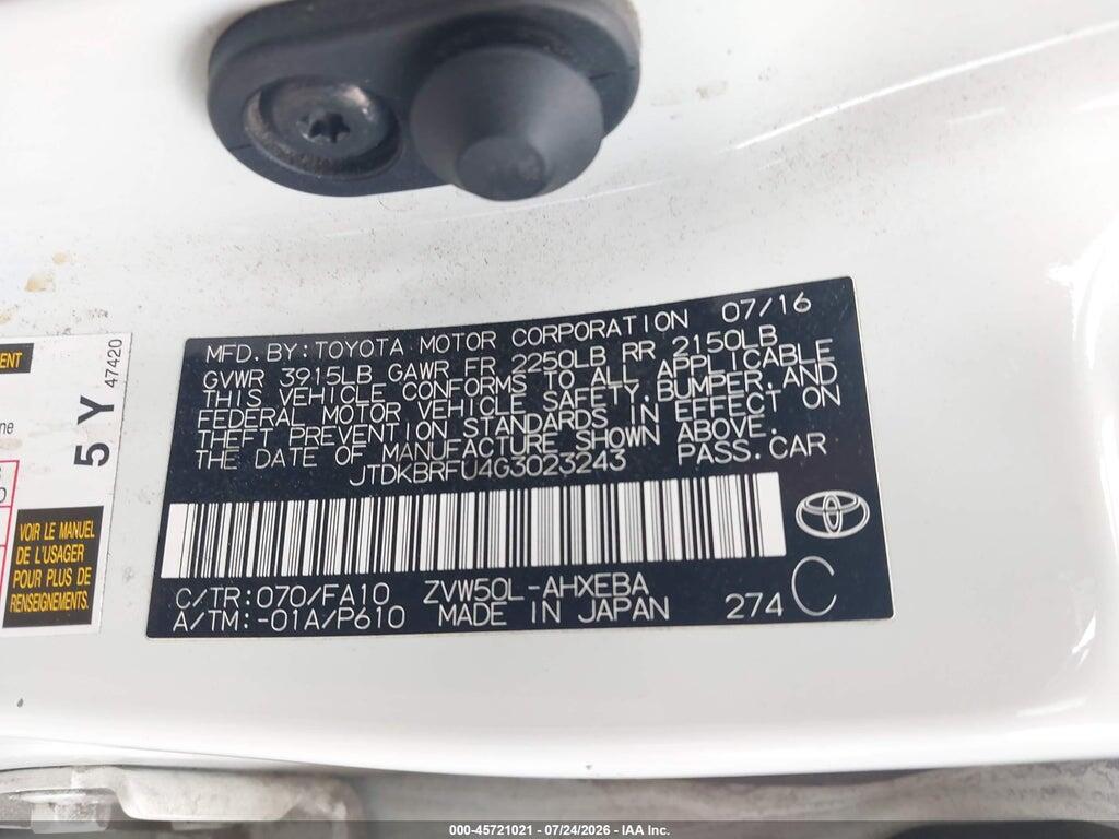 JTDKBRFU4G3023243 2016 TOYOTA PRIUS photo no. 9