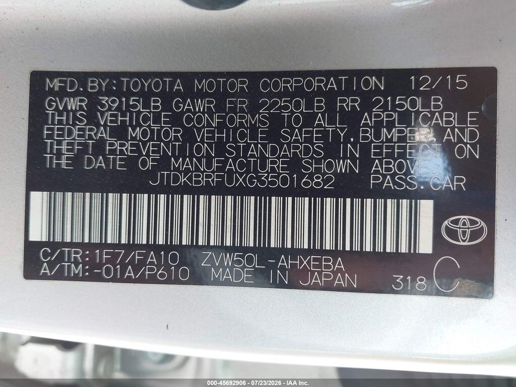 JTDKBRFUXG3501682 2016 TOYOTA PRIUS photo no. 9