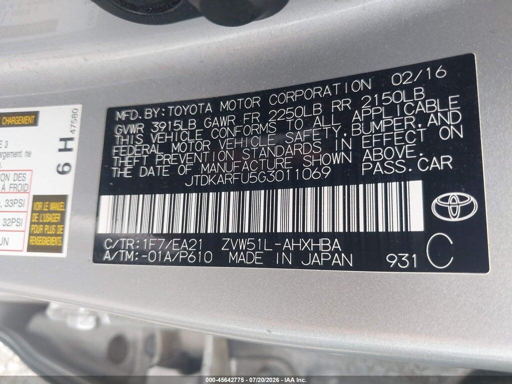 JTDKARFU5G3011069 2016 TOYOTA PRIUS photo no. 9