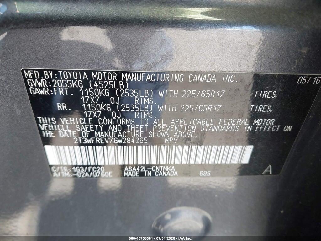 2T3WFREV7GW284265 2016 TOYOTA RAV4 photo no. 9