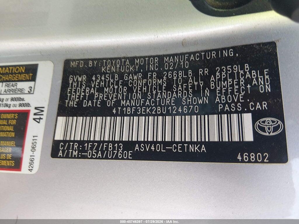 4T1BF3EK2BU124670 2011 TOYOTA CAMRY photo no. 9