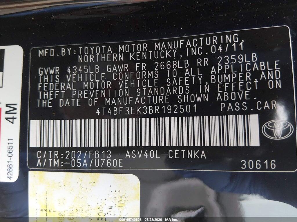 4T4BF3EK3BR192501 2011 TOYOTA CAMRY photo no. 9