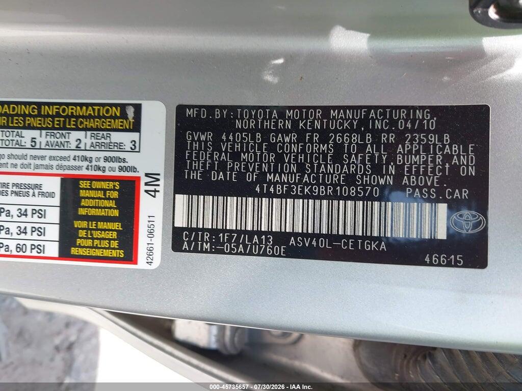 4T4BF3EK9BR108570 2011 TOYOTA CAMRY photo no. 9