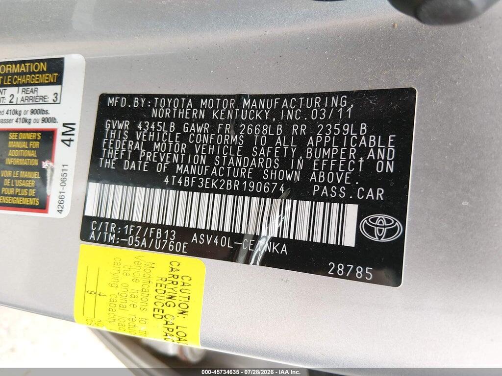 4T4BF3EK2BR190674 2011 TOYOTA CAMRY photo no. 9