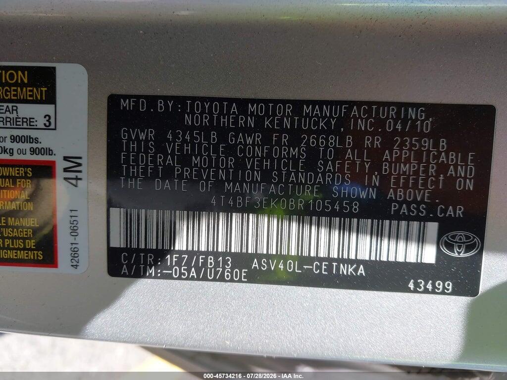 4T4BF3EK0BR105458 2011 TOYOTA CAMRY photo no. 9