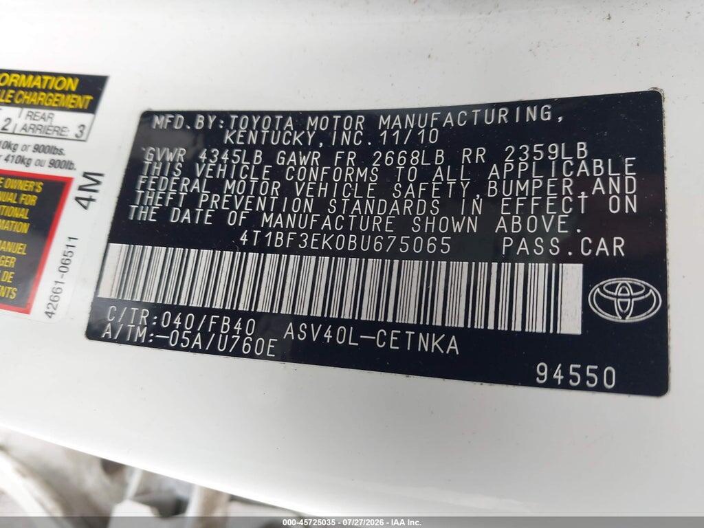 4T1BF3EK0BU675065 2011 TOYOTA CAMRY photo no. 9