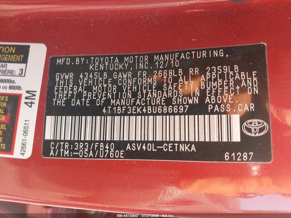 4T1BF3EK4BU686697 2011 TOYOTA CAMRY photo no. 9