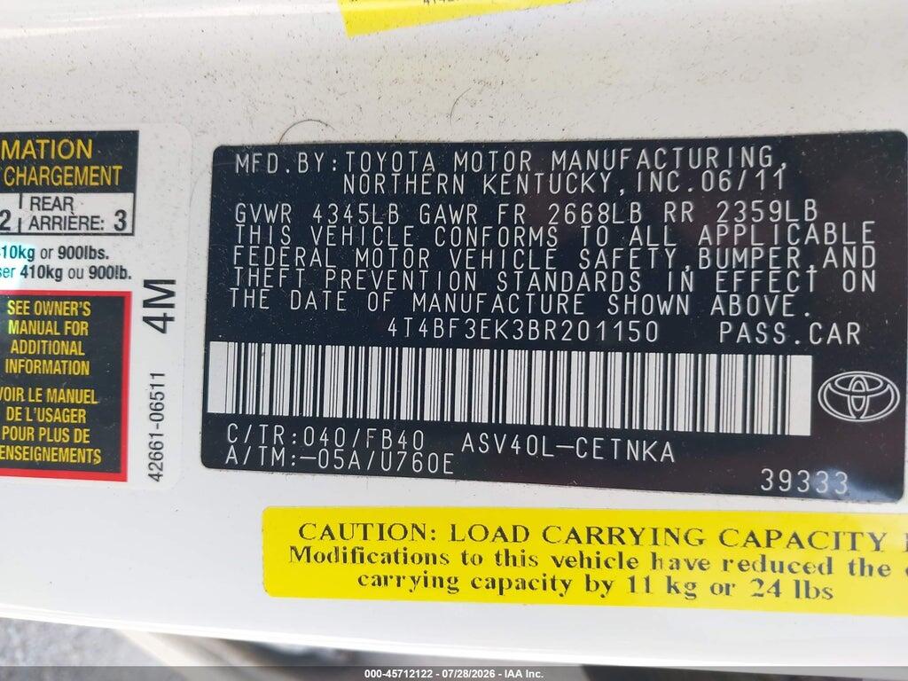 4T4BF3EK3BR201150 2011 TOYOTA CAMRY photo no. 9