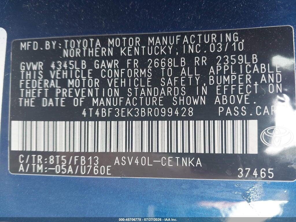 4T4BF3EK3BR099428 2011 TOYOTA CAMRY photo no. 9