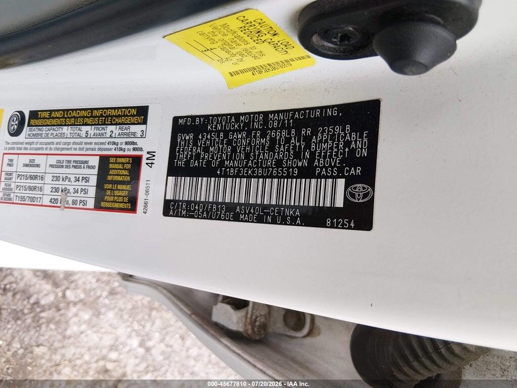 4T1BF3EK3BU765519 2011 TOYOTA CAMRY photo no. 9