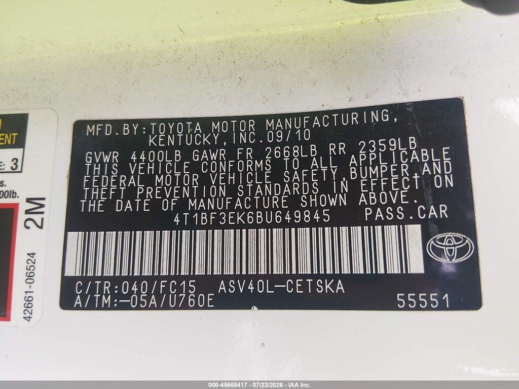 4T1BF3EK6BU649845 2011 TOYOTA CAMRY photo no. 9
