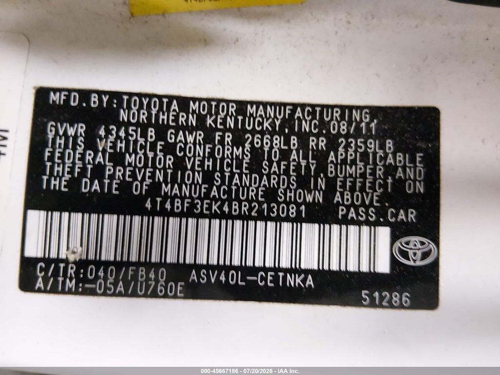 4T4BF3EK4BR213081 2011 TOYOTA CAMRY photo no. 9