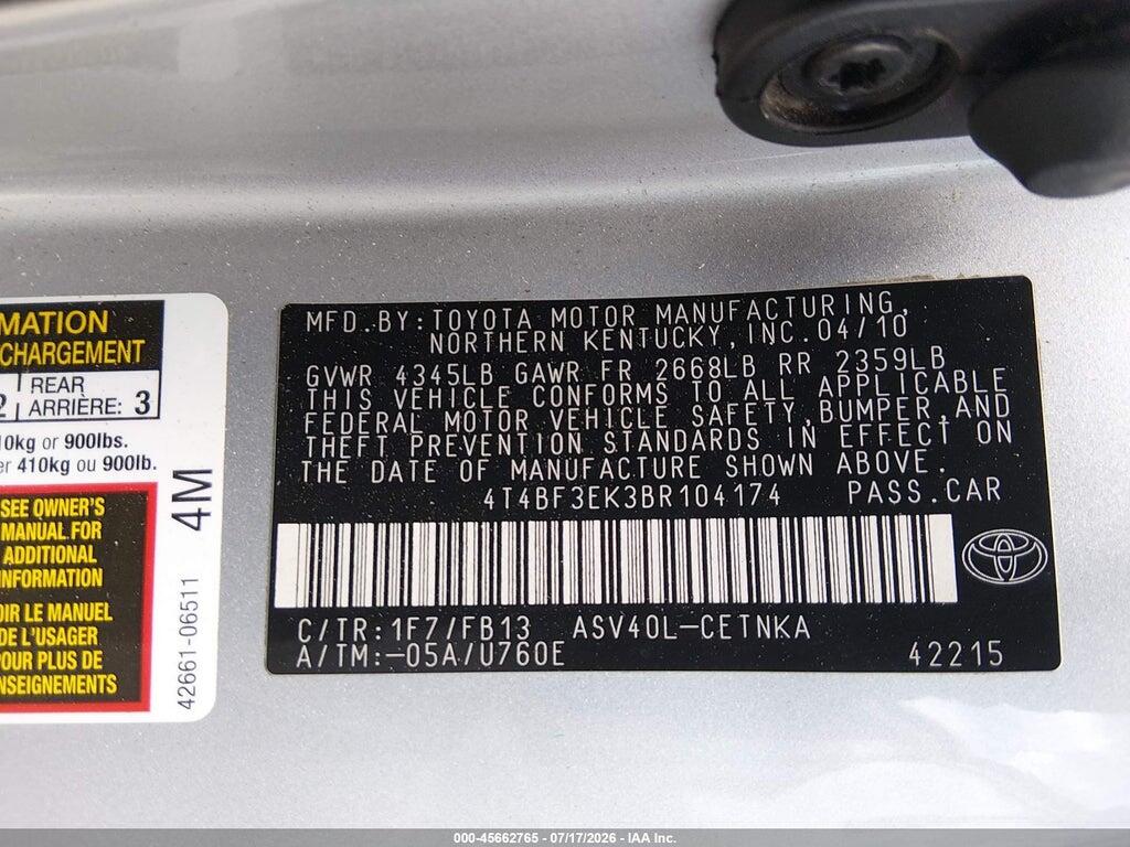 4T4BF3EK3BR104174 2011 TOYOTA CAMRY photo no. 9