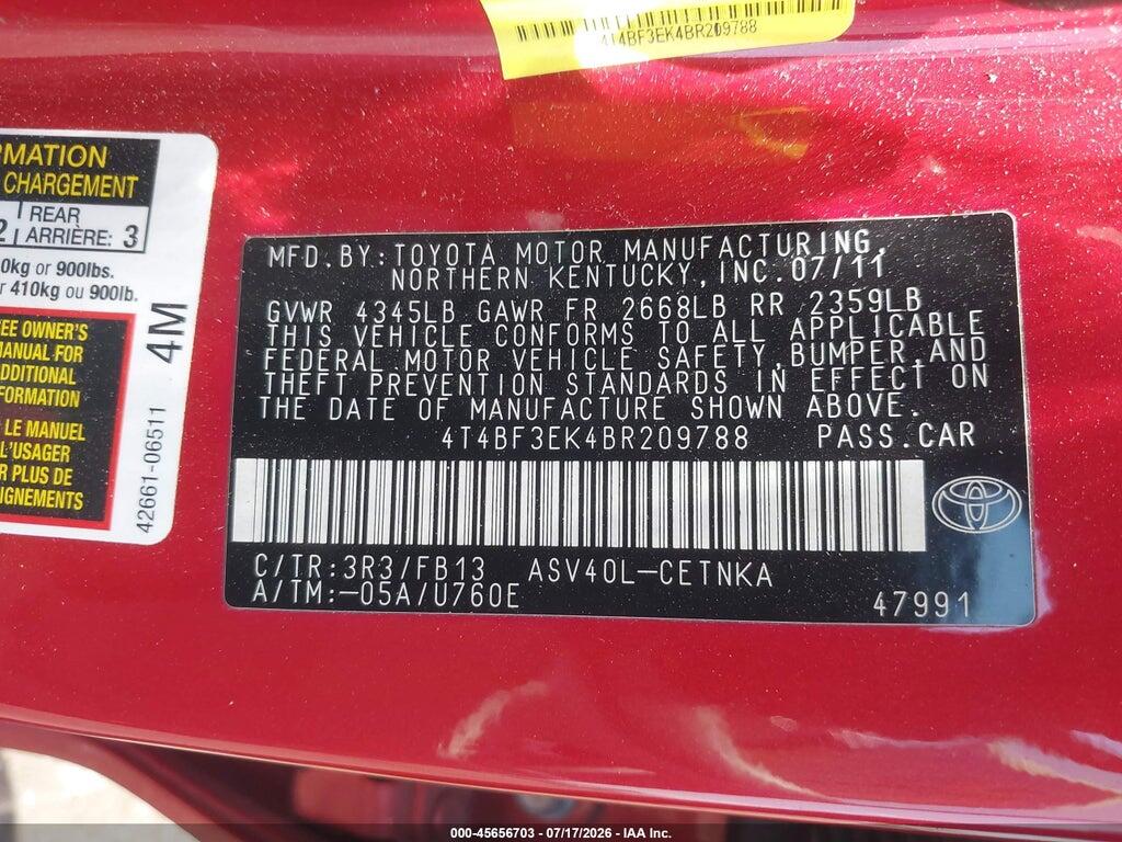 4T4BF3EK4BR209788 2011 TOYOTA CAMRY photo no. 9