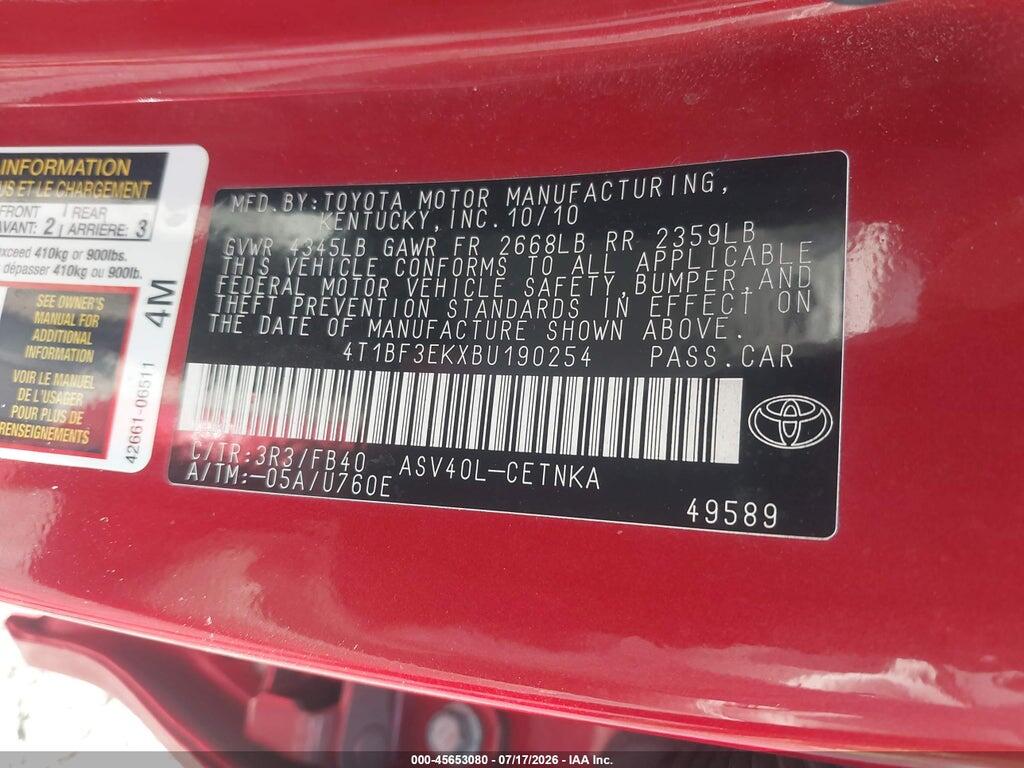 4T1BF3EKXBU190254 2011 TOYOTA CAMRY photo no. 9