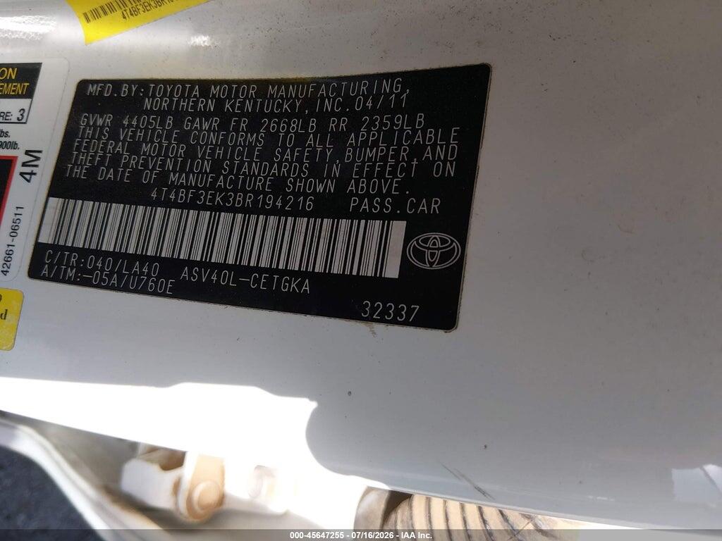 4T4BF3EK3BR194216 2011 TOYOTA CAMRY photo no. 9