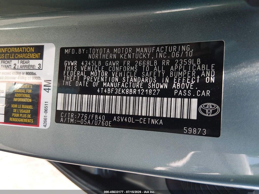 4T4BF3EK8BR121827 2011 TOYOTA CAMRY photo no. 9