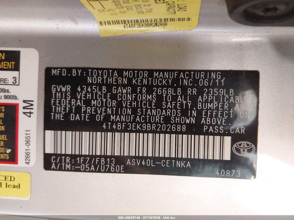 4T4BF3EK9BR202688 2011 TOYOTA CAMRY photo no. 9