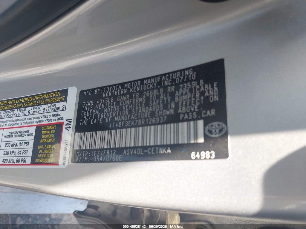4T4BF3EK7BR126937 2011 TOYOTA CAMRY photo no. 9