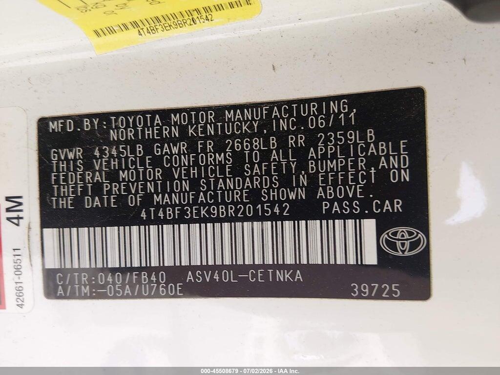 4T4BF3EK9BR201542 2011 TOYOTA CAMRY photo no. 9