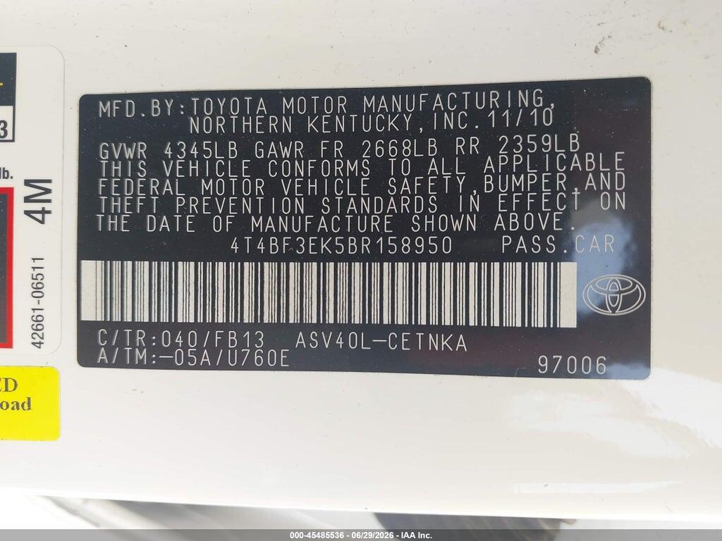 4T4BF3EK5BR158950 2011 TOYOTA CAMRY photo no. 9