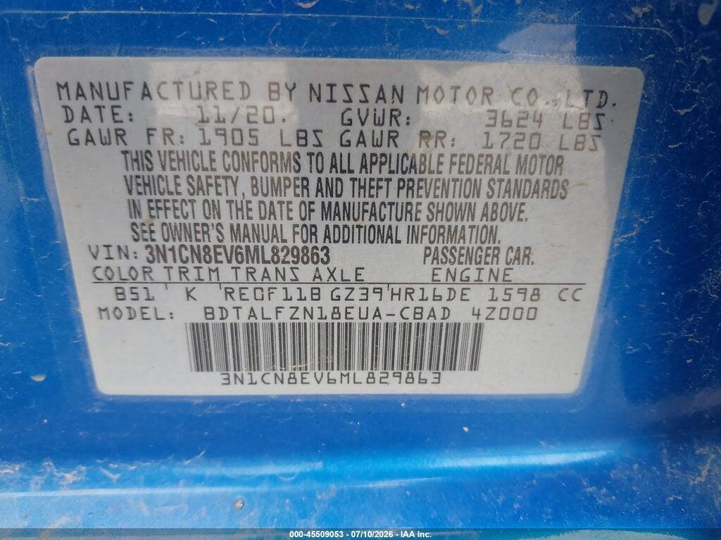 3N1CN8EV6ML829863 2021 NISSAN VERSA photo no. 9