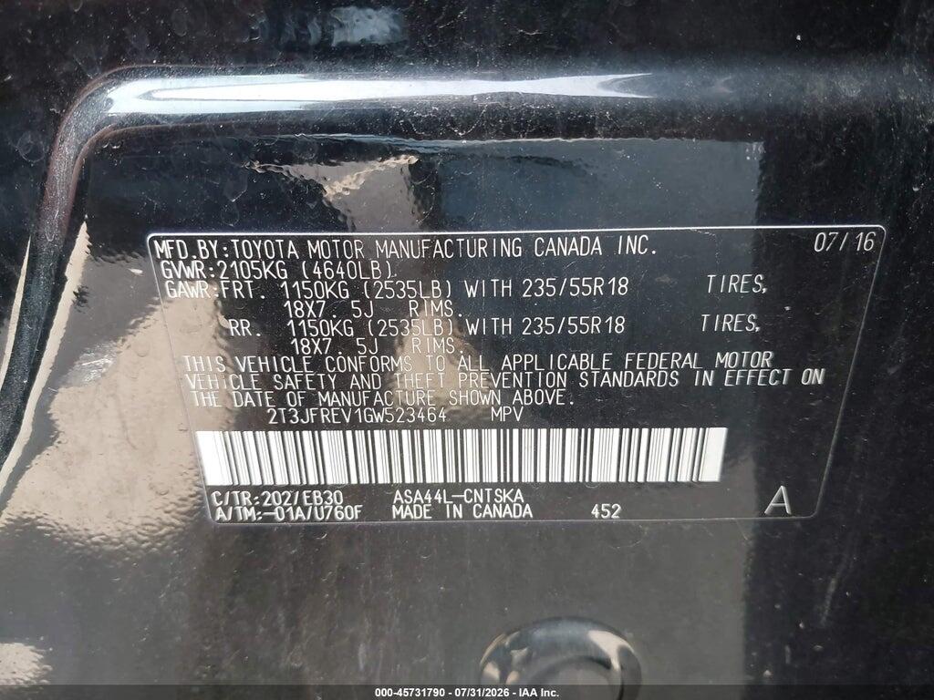 2T3JFREV1GW523464 2016 TOYOTA RAV4 photo no. 9