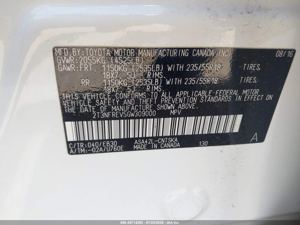 2T3NFREV5GW309000 2016 TOYOTA RAV4 photo no. 9