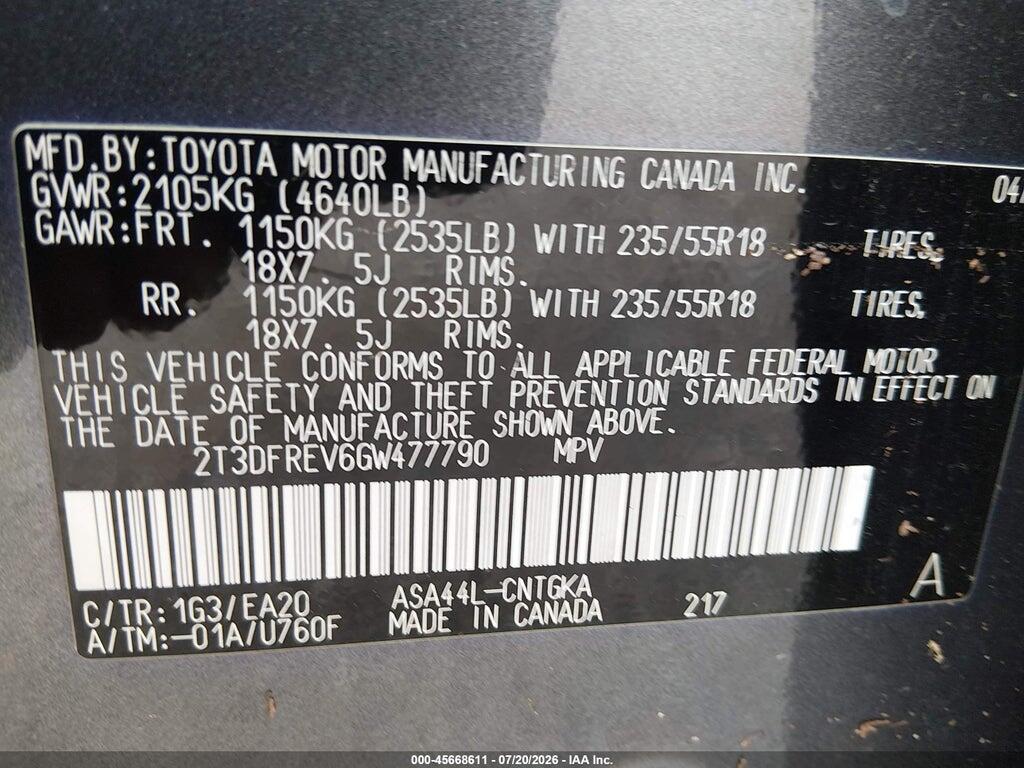 2T3DFREV6GW477790 2016 TOYOTA RAV4 photo no. 9