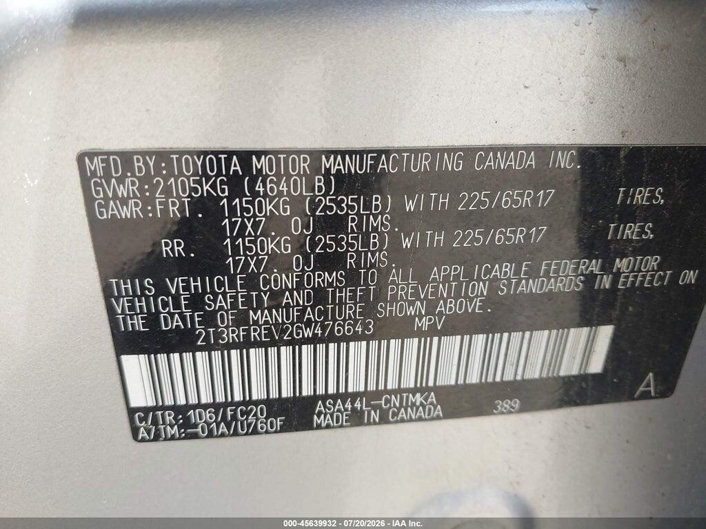 2T3RFREV2GW476643 2016 TOYOTA RAV4 photo no. 9