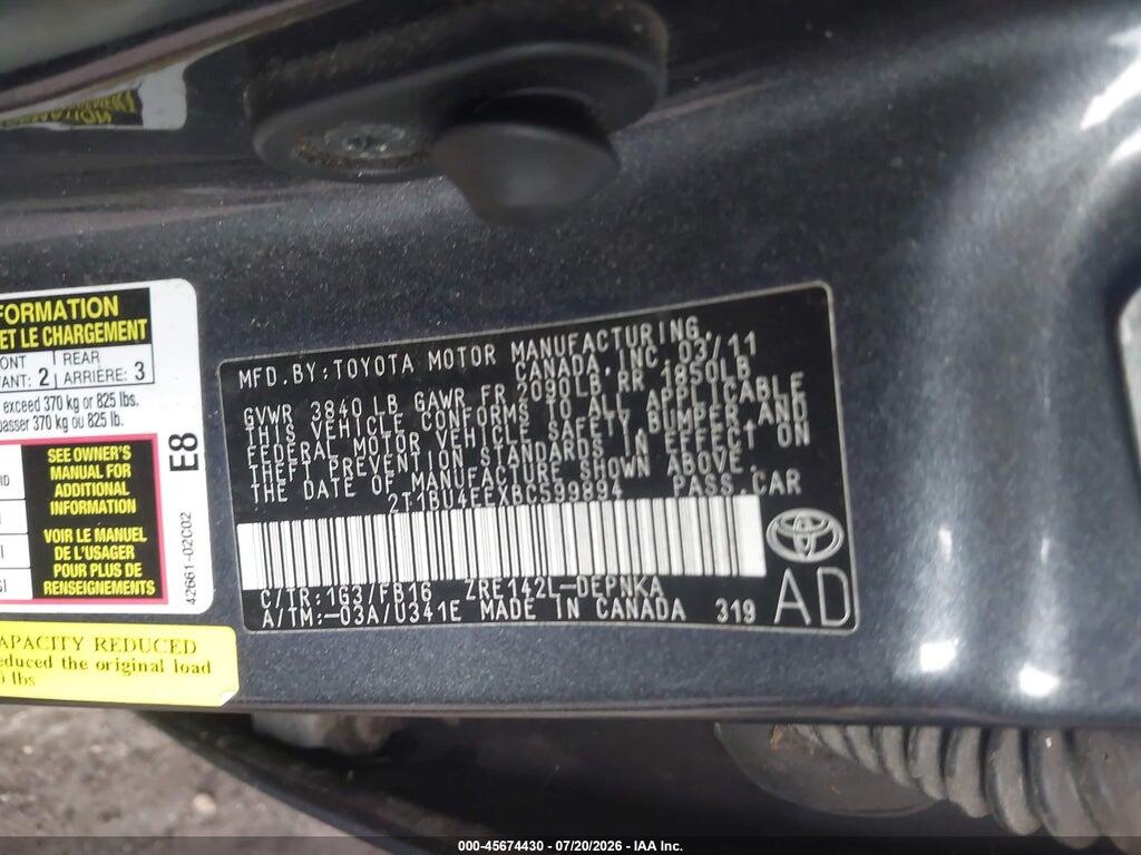 2T1BU4EEXBC599894 2011 TOYOTA COROLLA photo no. 9