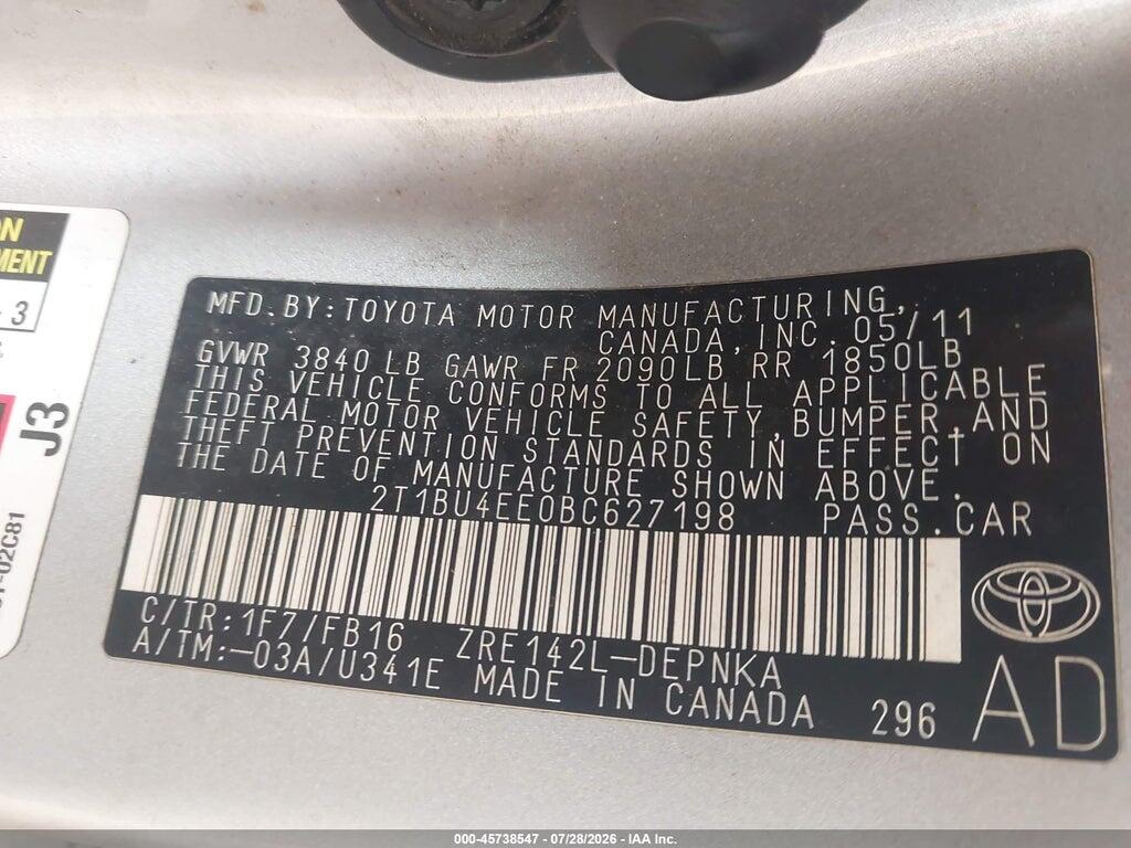 2T1BU4EE0BC627198 2011 TOYOTA COROLLA photo no. 9