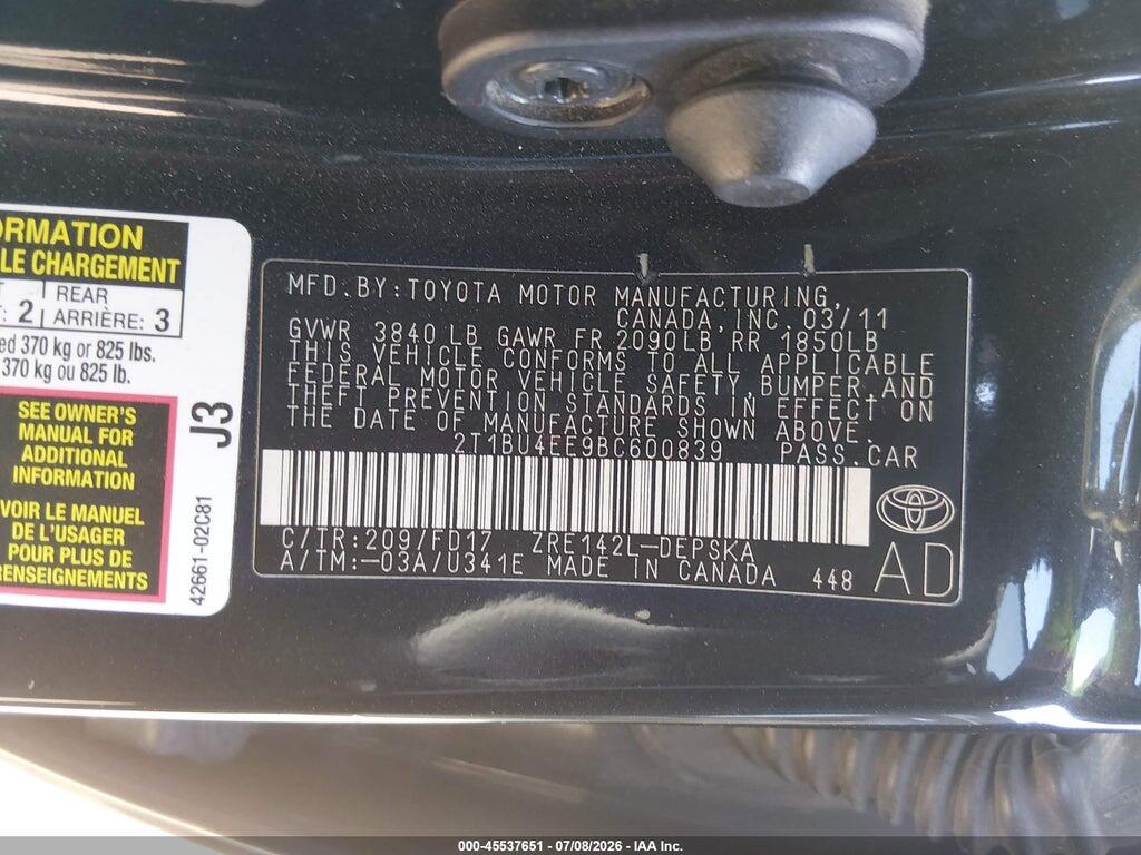 2T1BU4EE9BC600839 2011 TOYOTA COROLLA photo no. 9