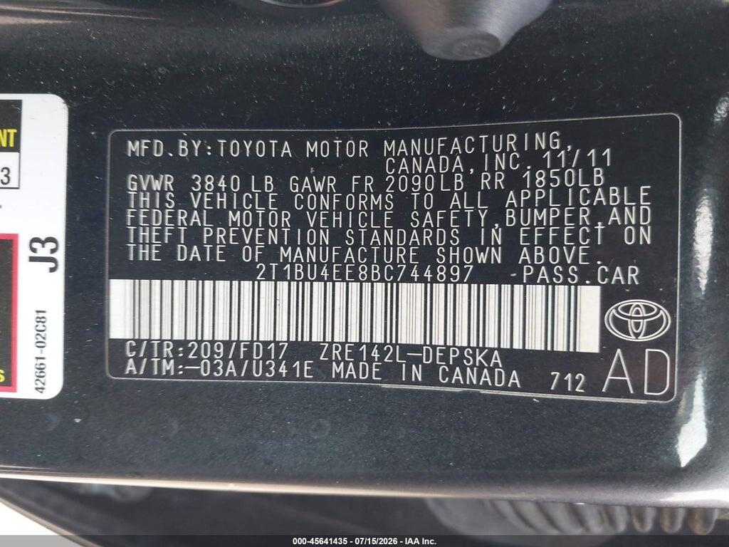 2T1BU4EE8BC744897 2011 TOYOTA COROLLA photo no. 9