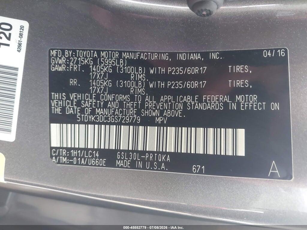 5TDYK3DC3GS729779 2016 TOYOTA SIENNA photo no. 9