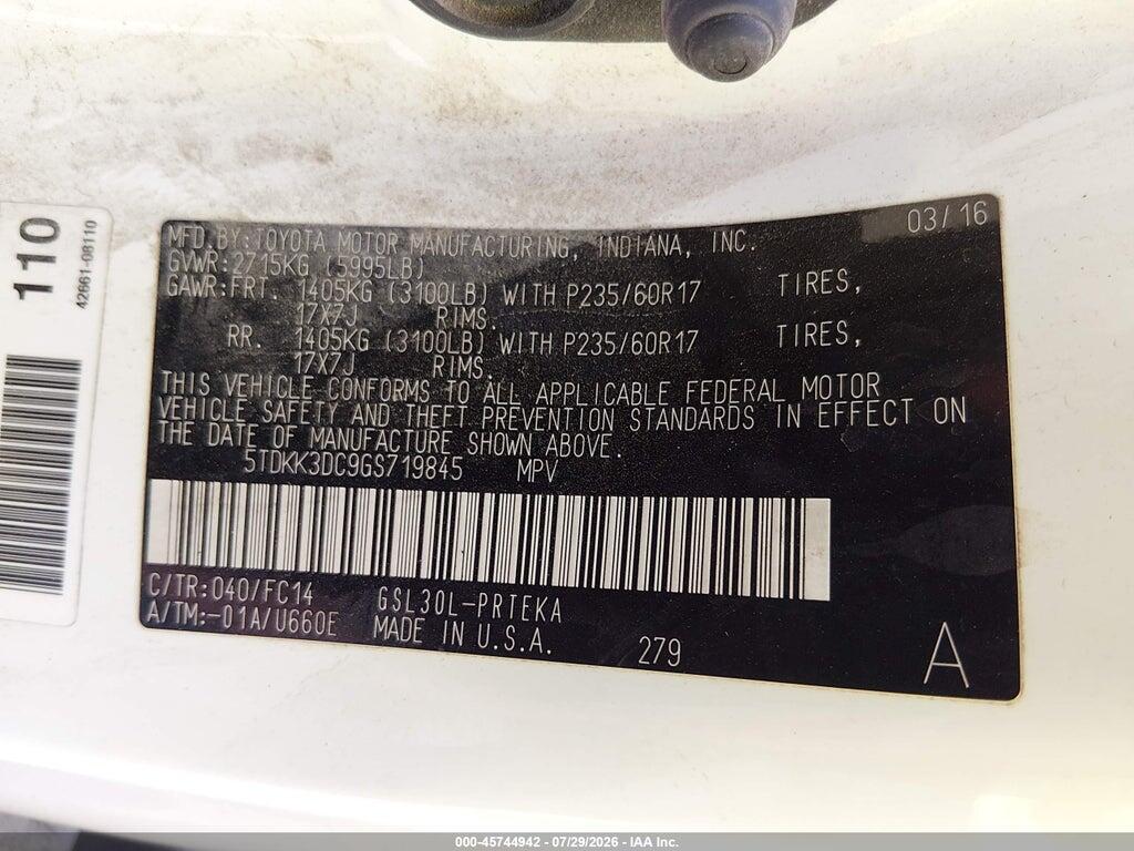 5TDKK3DC9GS719845 2016 TOYOTA SIENNA photo no. 9