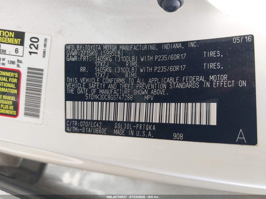 5TDYK3DC8GS747288 2016 TOYOTA SIENNA photo no. 9