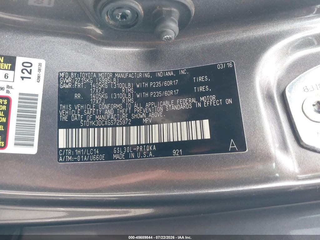 5TDYK3DCXGS725972 2016 TOYOTA SIENNA photo no. 9