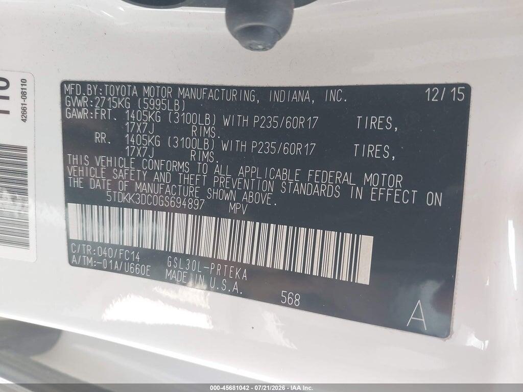 5TDKK3DC0GS694897 2016 TOYOTA SIENNA photo no. 9