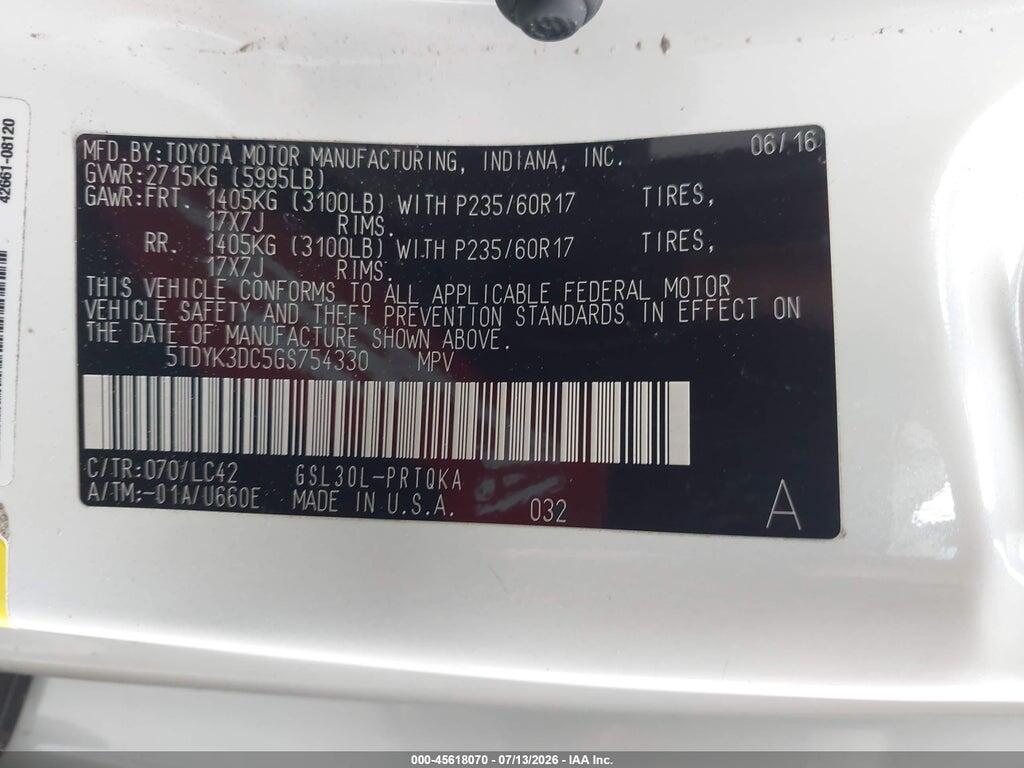 5TDYK3DC5GS754330 2016 TOYOTA SIENNA photo no. 9