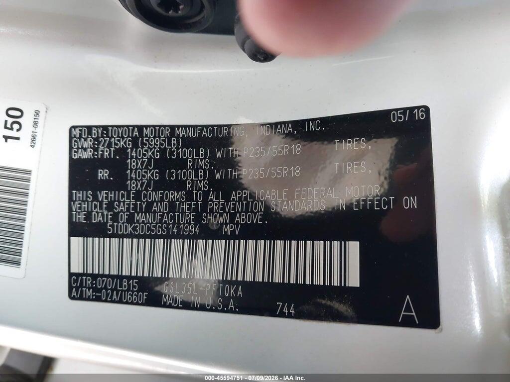 5TDDK3DC5GS141994 2016 TOYOTA SIENNA photo no. 9