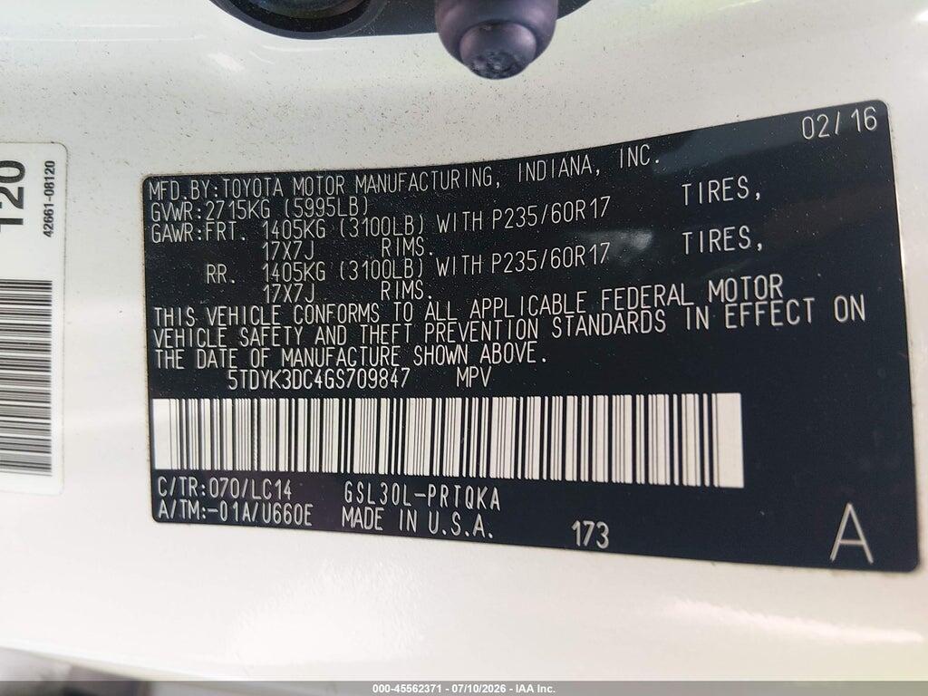 5TDYK3DC4GS709847 2016 TOYOTA SIENNA photo no. 9