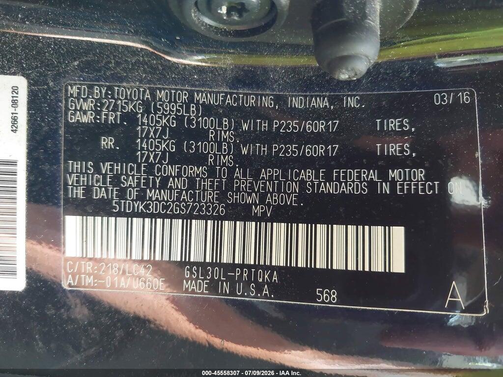 5TDYK3DC2GS723326 2016 TOYOTA SIENNA photo no. 9
