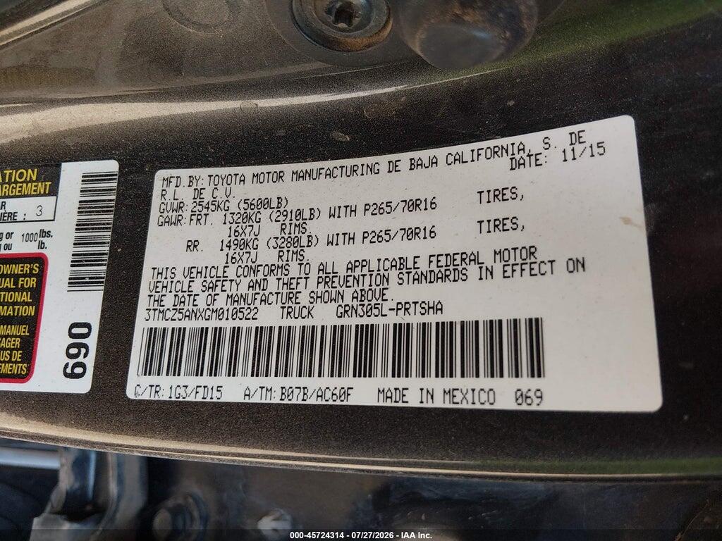 3TMCZ5ANXGM010522 2016 TOYOTA TACOMA photo no. 9